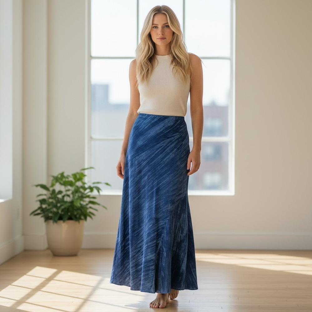 Free People Crushed Velvet Maxi Skirt Blue Elastic Waist Small Boho Ethereal